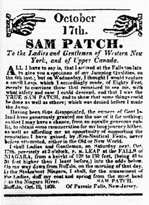 Advertising handbill for Sam's October 17, 1829 jump at Niagara Falls