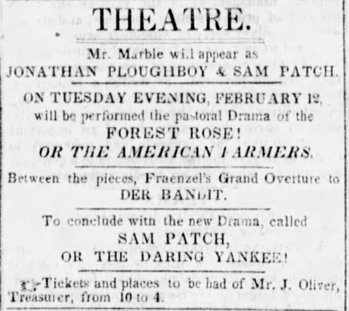 Theater ad for Dan Marble in Sam Patch, or the Daring Yankee!