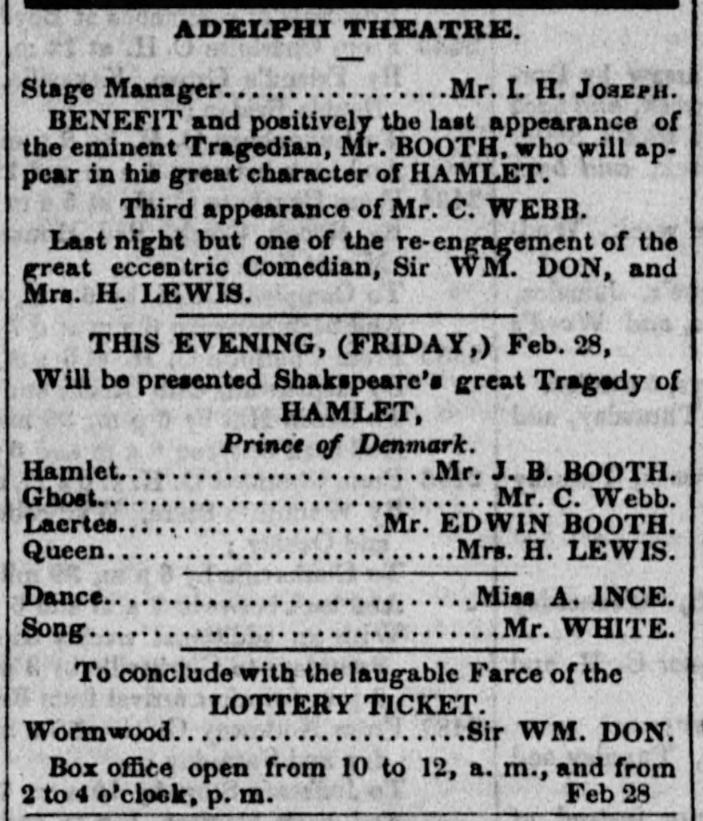 Notice for Hamlet with Junius Brutus Booth and Edwin Booth, Adelphi Theatre 1851