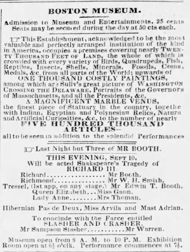 Announcement of Edwin Booth as Tressel at Boston Museum Sep 10 1849